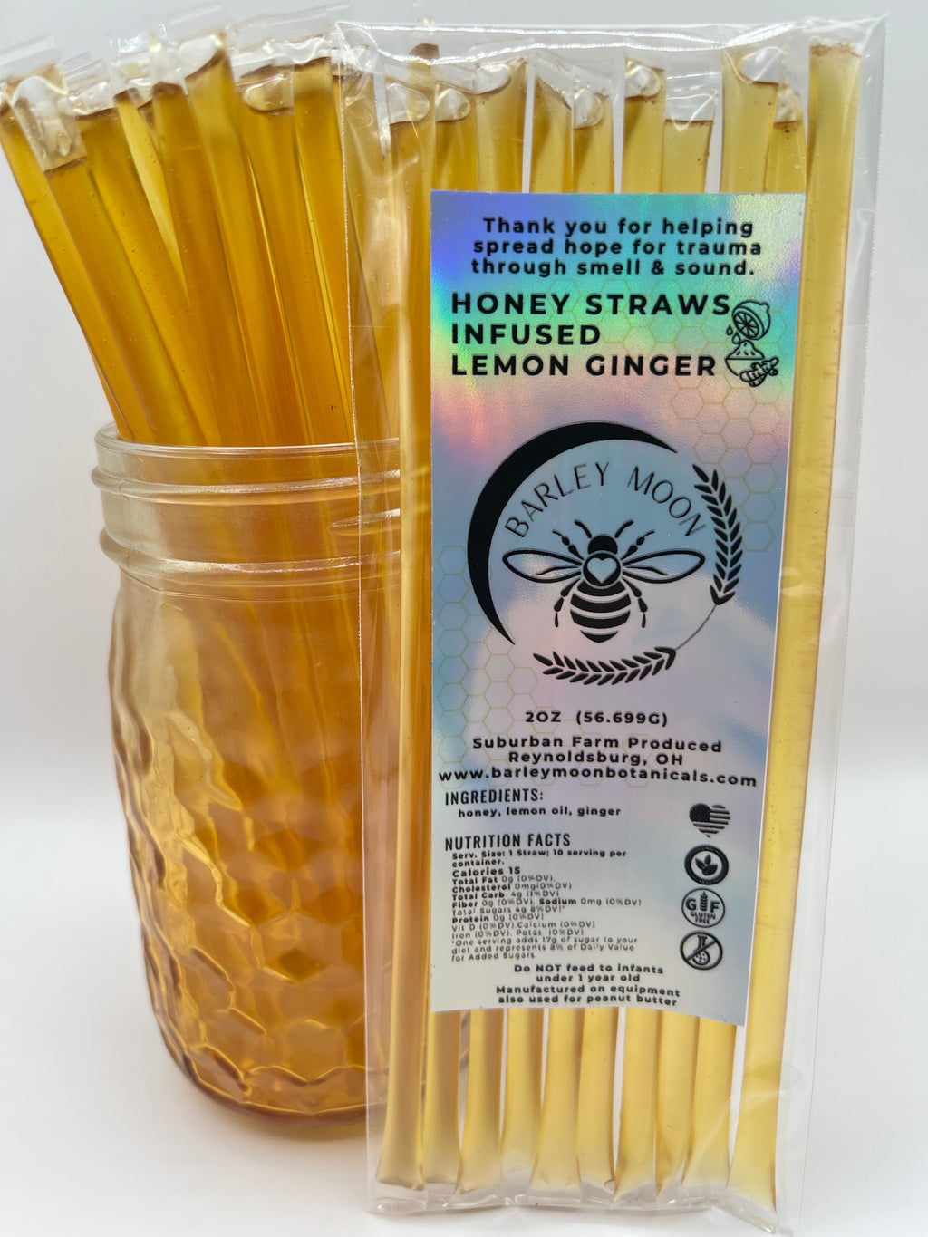 Honey Straws - Infused Lemon Ginger - Barley Moon Botanicals - Pure Honey, Natural Ingredients
