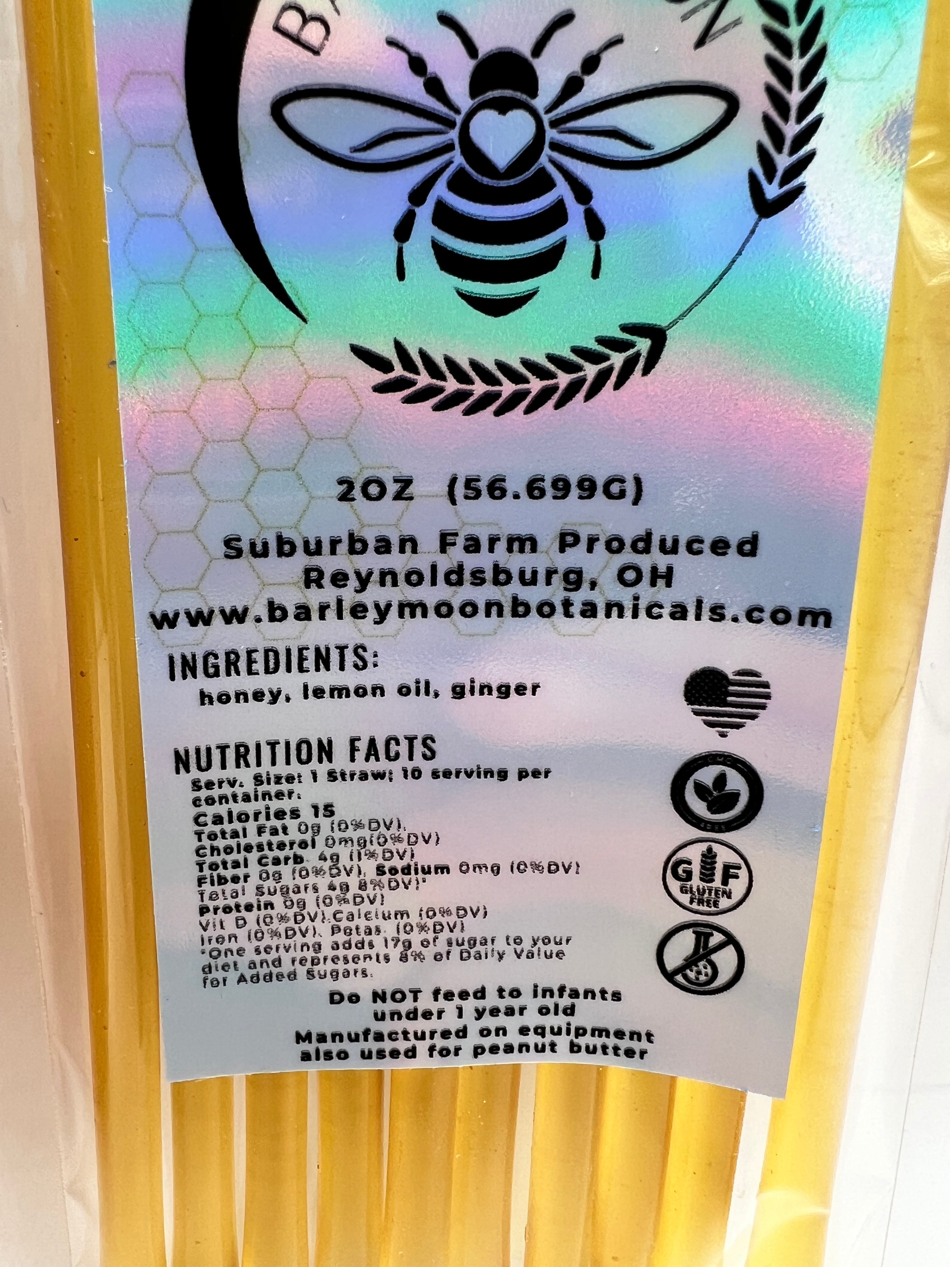 Honey Straws - Infused Lemon Ginger - Barley Moon Botanicals - Pure Honey, Natural Ingredients