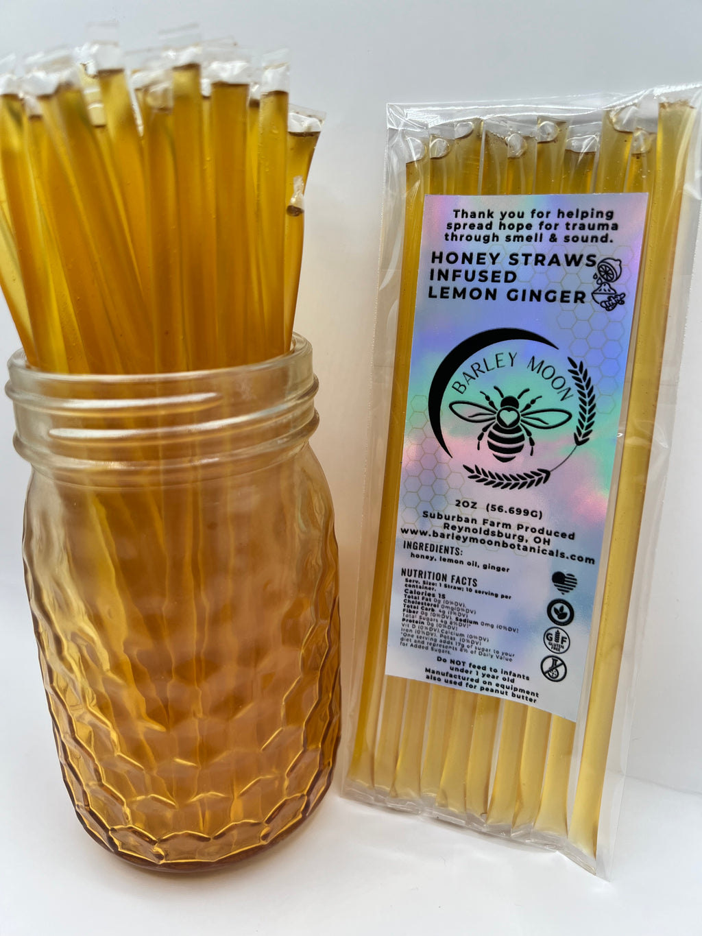 Honey Straws - Infused Lemon Ginger - Barley Moon Botanicals - Pure Honey, Natural Ingredients