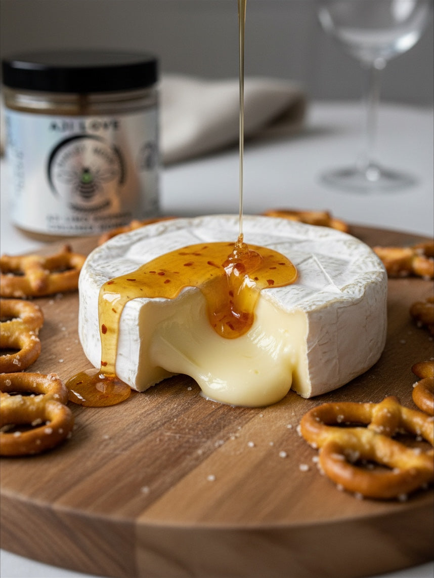 Barley Moon Botanicals Aji Limo creamed honey drizzled over a wheel of soft brie cheese with pretzels on a board
