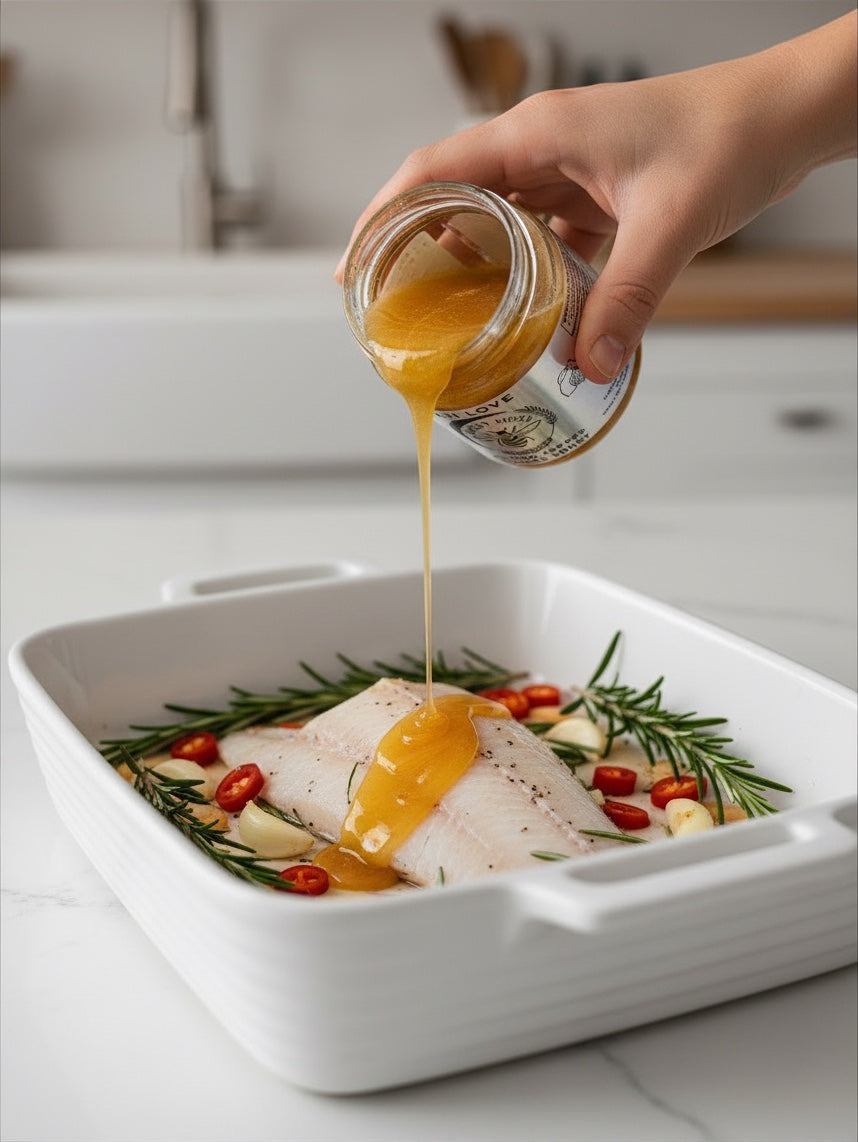 Barley Moon Botanicals Aji Limo creamed honey drizzled over a raw white fish fillet with rosemary, garlic, and chili.