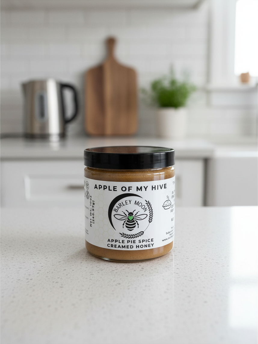 Barley Moon Botanicals Apple of My Hive creamed honey with apple pie spice in a glass jar on a kitchen counter