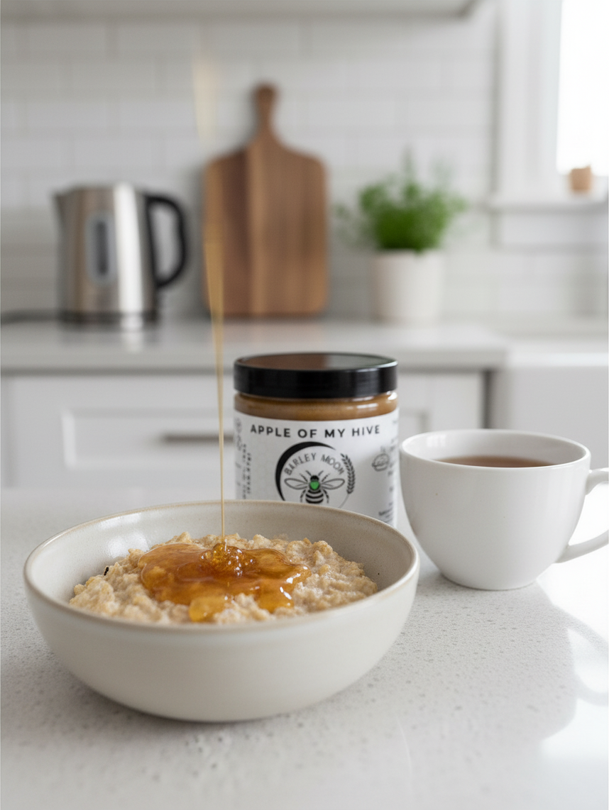 Barley Moon Botanicals Apple of My Hive creamed honey drizzled over a bowl of warm oatmeal with a cup of tea