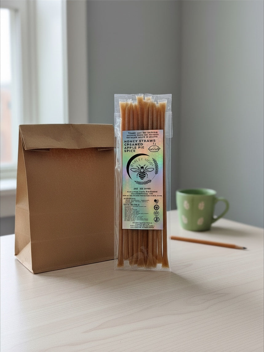 Barley Moon Botanicals Apple of My Hive creamed honey straws infused with apple pie spice in clear packaging.