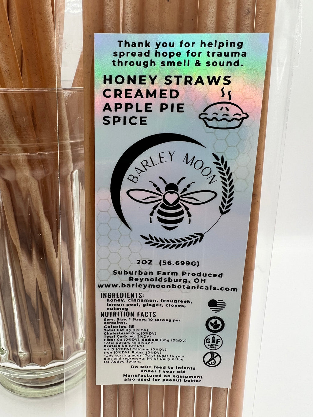 Barley Moon Botanicals Apple Pie Spice creamed honey straws in a clear package with holographic product label