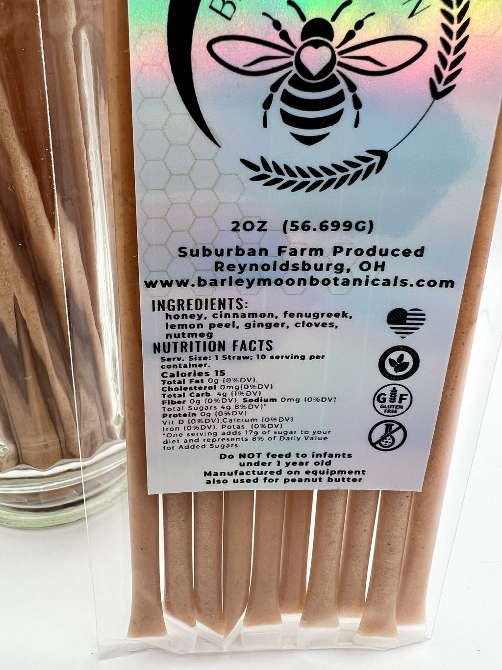 Barley Moon Botanicals Apple of My Hive creamed honey straws with apple pie spice ingredients and nutrition label