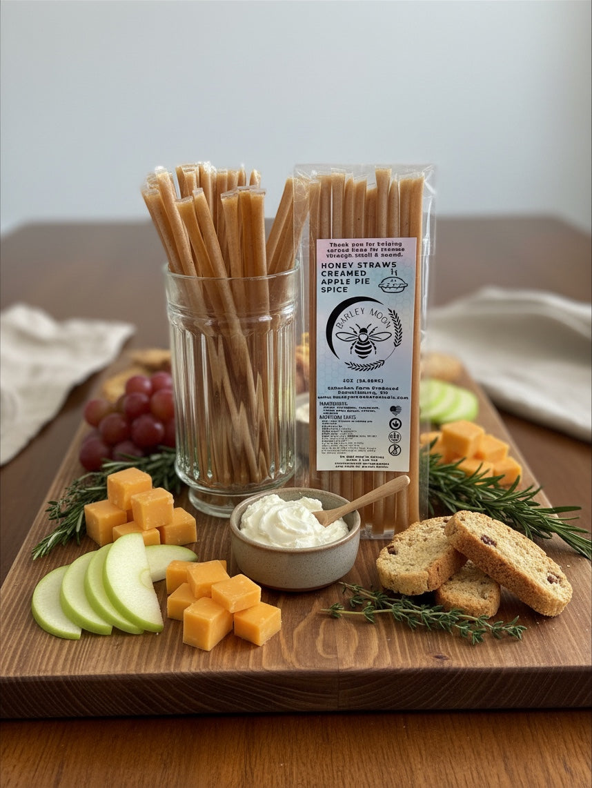 Barley Moon Botanicals Apple of My Hive creamed honey straws with apple pie spice on a charcuterie board