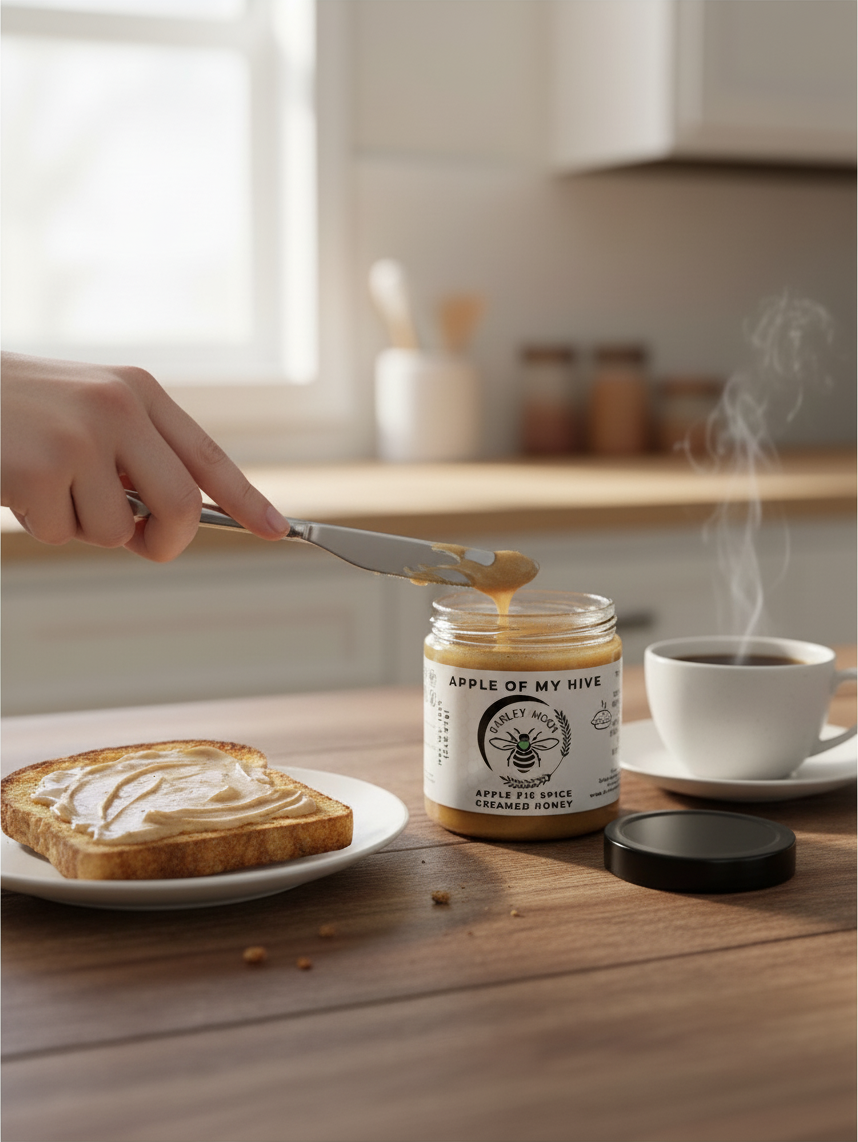 Barley Moon Botanicals Apple of My Hive creamed honey spread on toast with a steaming cup of coffee on a wooden table
