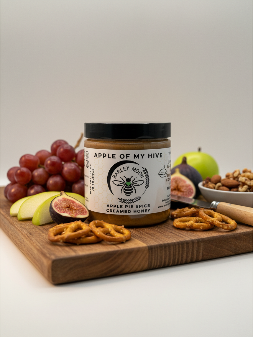 Barley Moon Botanicals Apple of My Hive creamed honey jar on a wooden board with grapes, figs, apples, and pretzels.