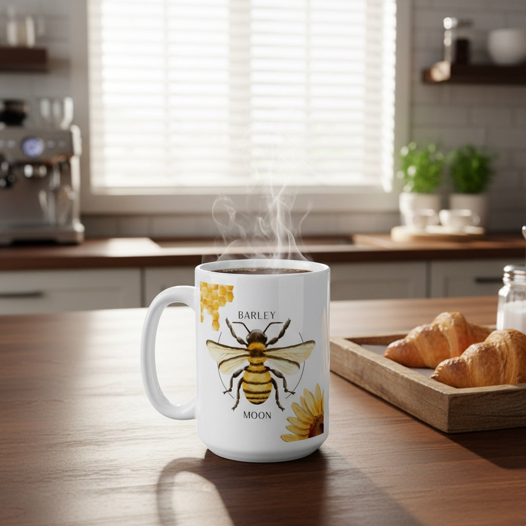 Barley Moon Botanicals 15 oz white ceramic mug with a bee, honeycomb, and flower design on a kitchen counter.