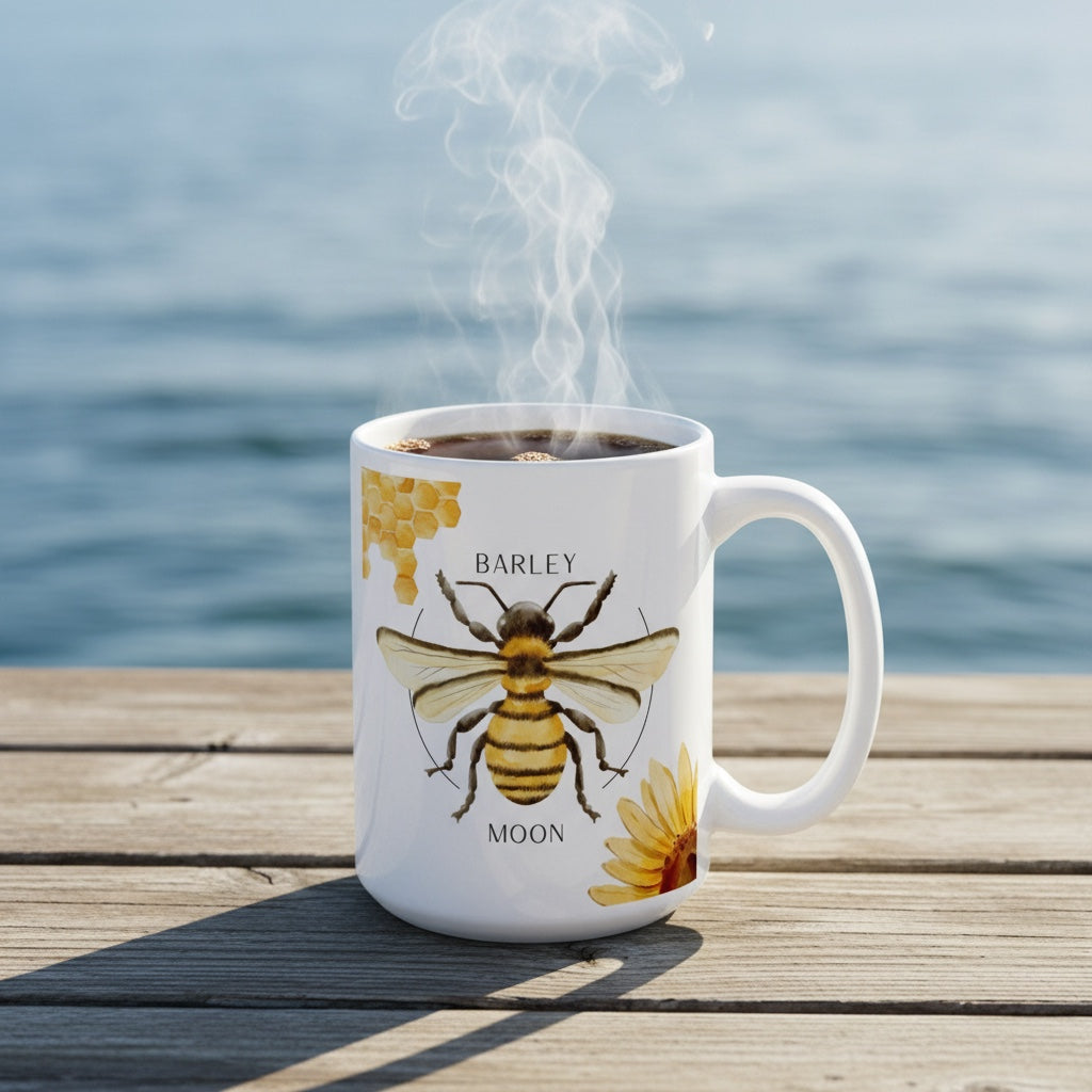 Barley Moon Botanicals 15 oz white ceramic mug with bee, flower, and honeycomb design steaming on a wooden dock.