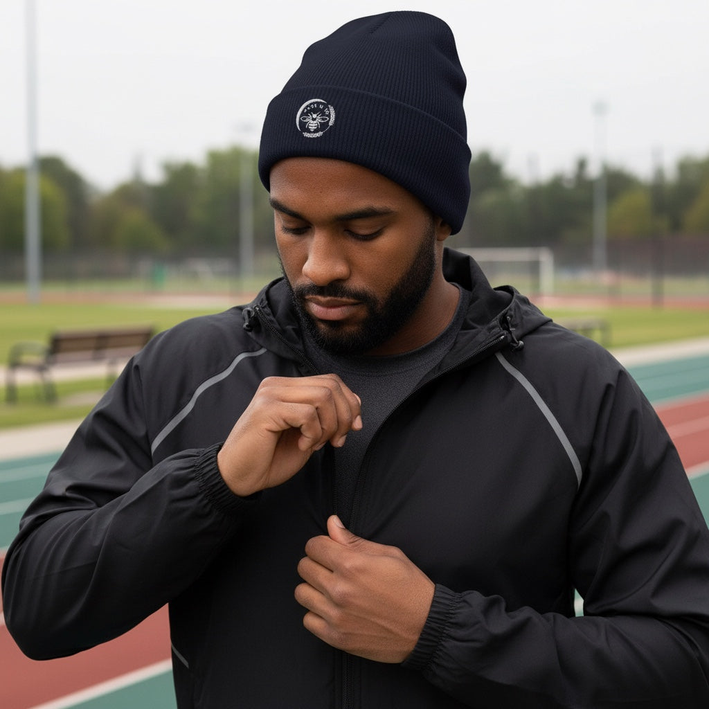 Man wearing a black Barley Moon Botanicals cuffed beanie with a white bee and moon logo on an outdoor track