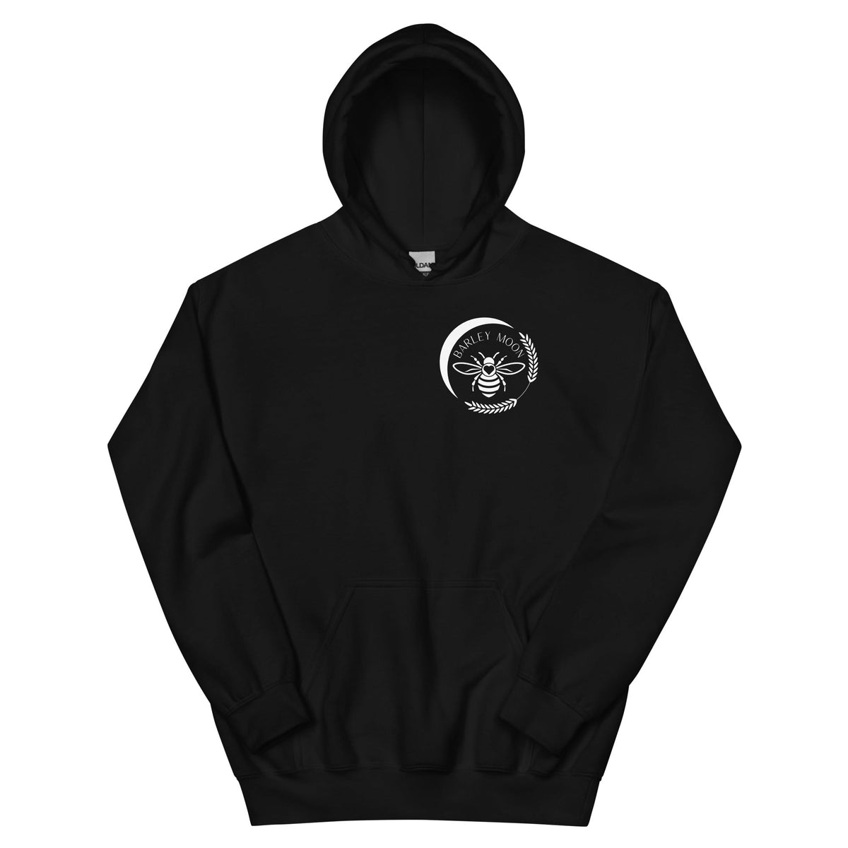 Barley Moon Botanicals black unisex hoodie with a white bee and crescent moon logo on the chest.