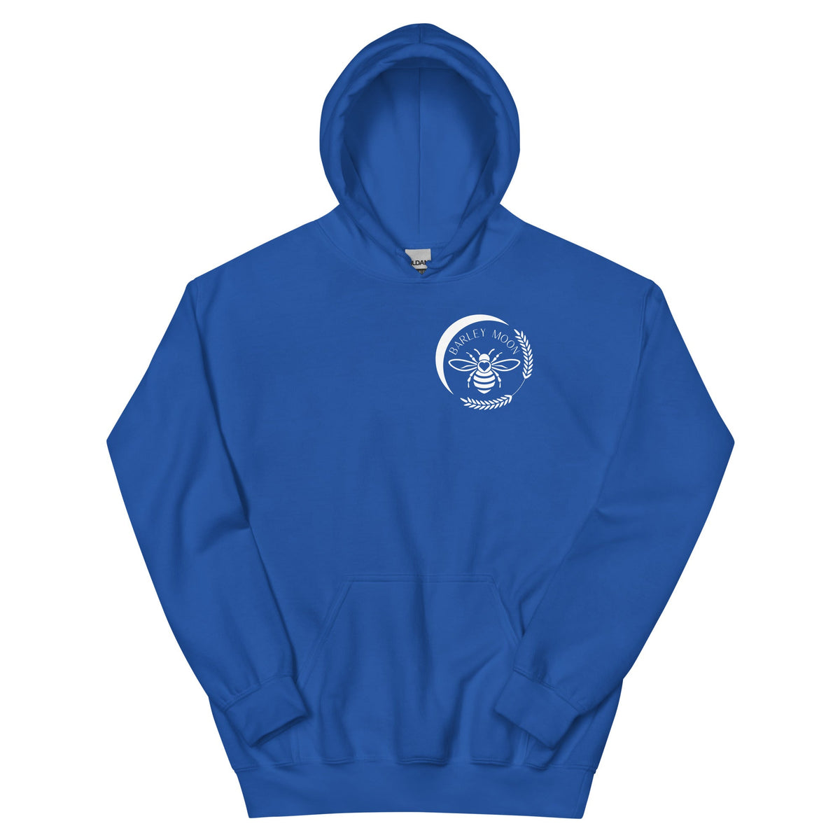 Barley Moon Botanicals royal blue unisex hoodie with a white bee and crescent moon logo on the chest.