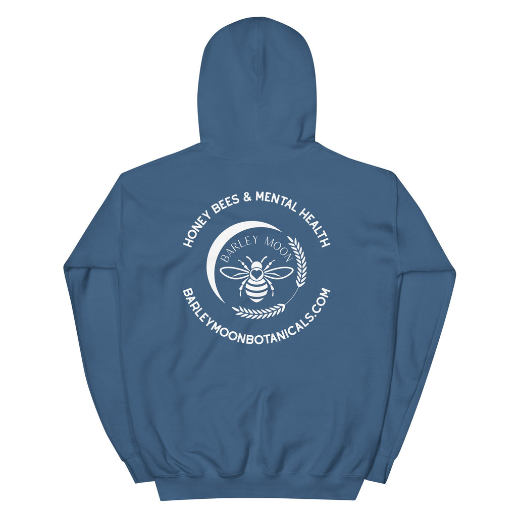Back view of a blue Barley Moon Botanicals unisex hoodie featuring a white bee and crescent moon logo graphic.