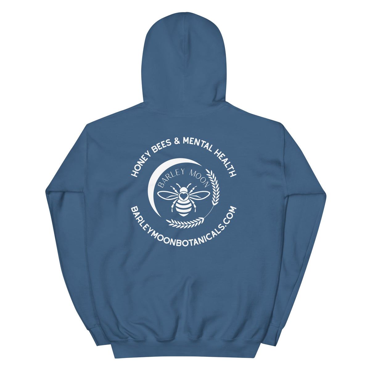 Back view of a blue Barley Moon Botanicals unisex hoodie featuring a white bee and crescent moon logo graphic.