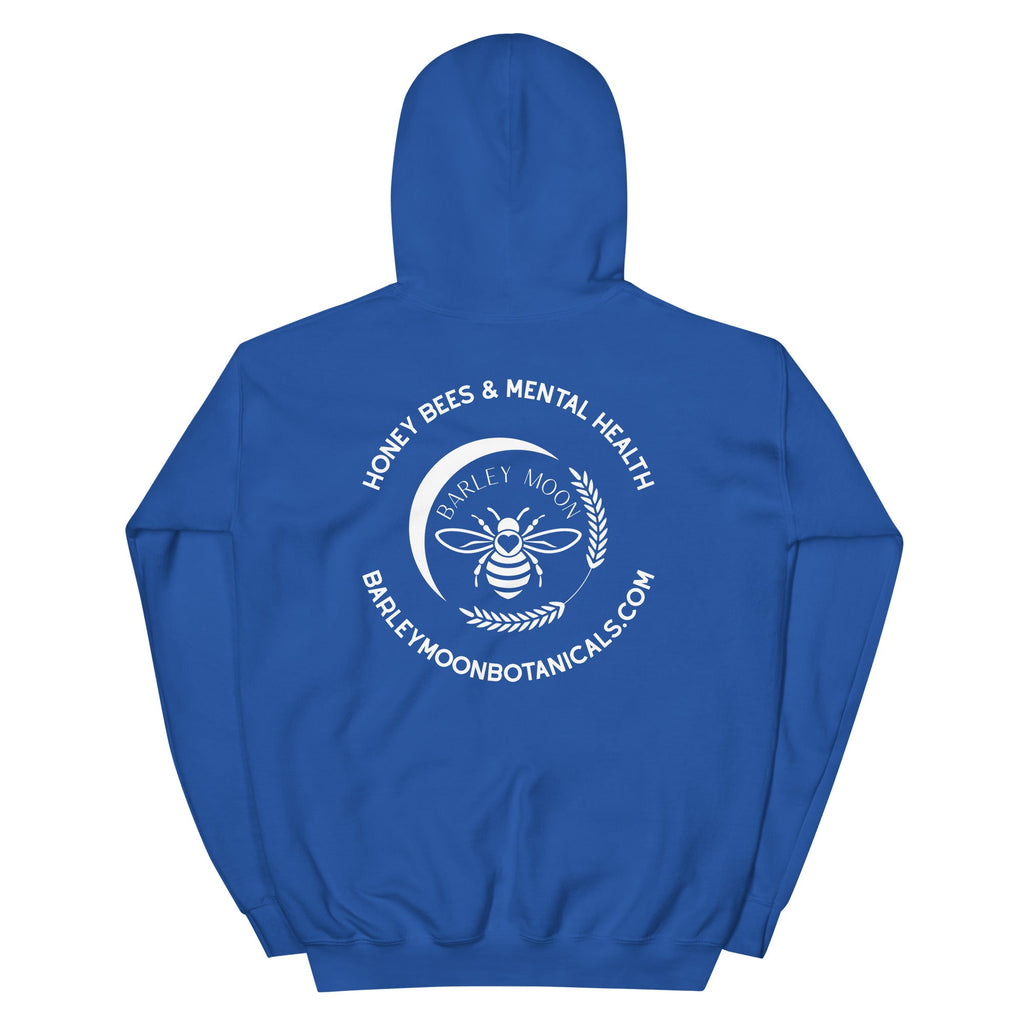 Back view of a blue Barley Moon Botanicals unisex hoodie featuring a white bee and crescent moon logo graphic.
