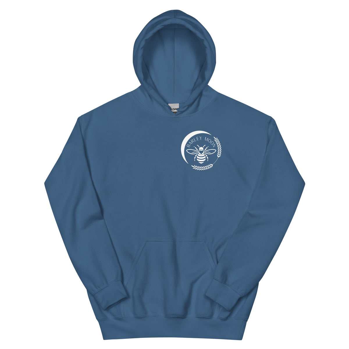 Barley Moon Botanicals unisex hoodie in blue with a white bee and crescent moon logo on the chest.