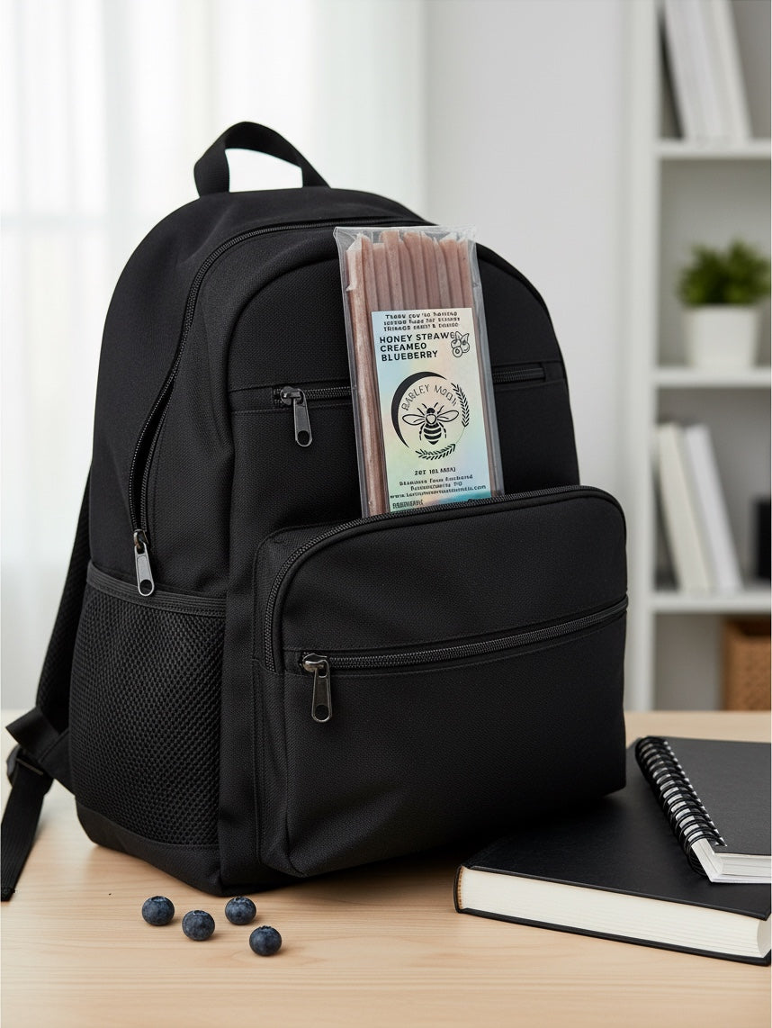 Barley Moon Botanicals blueberry creamed honey straws in a clear pack tucked into the front pocket of a black backpack