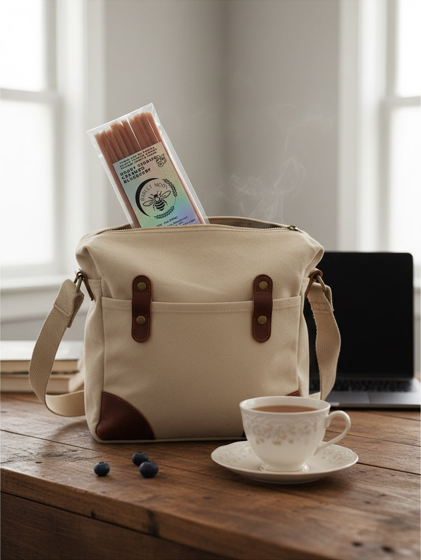 Barley Moon Botanicals blueberry creamed honey straws in a canvas bag next to a steaming cup of tea on a wooden table