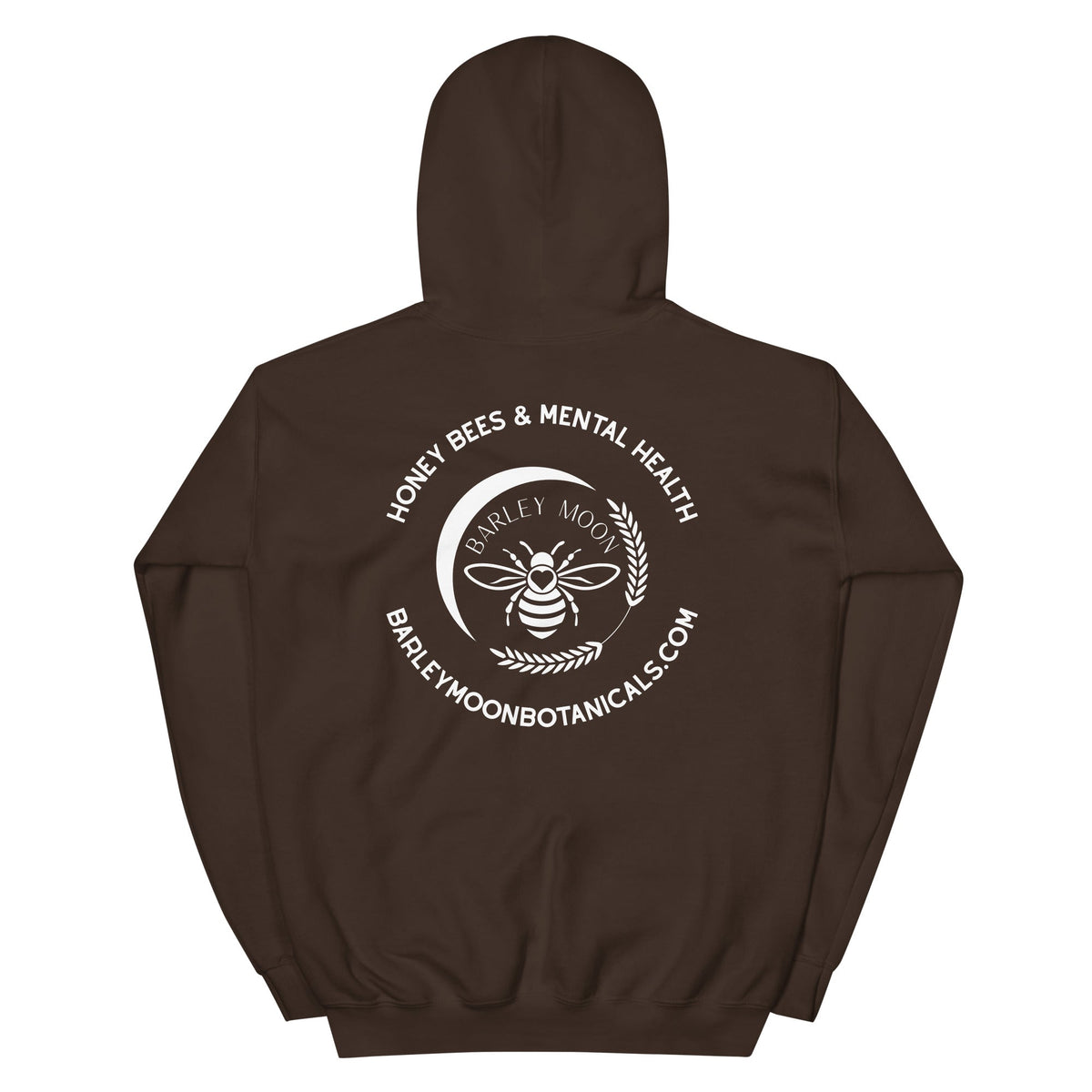 Barley Moon Botanicals dark brown unisex hoodie with white bee and crescent moon logo on the back