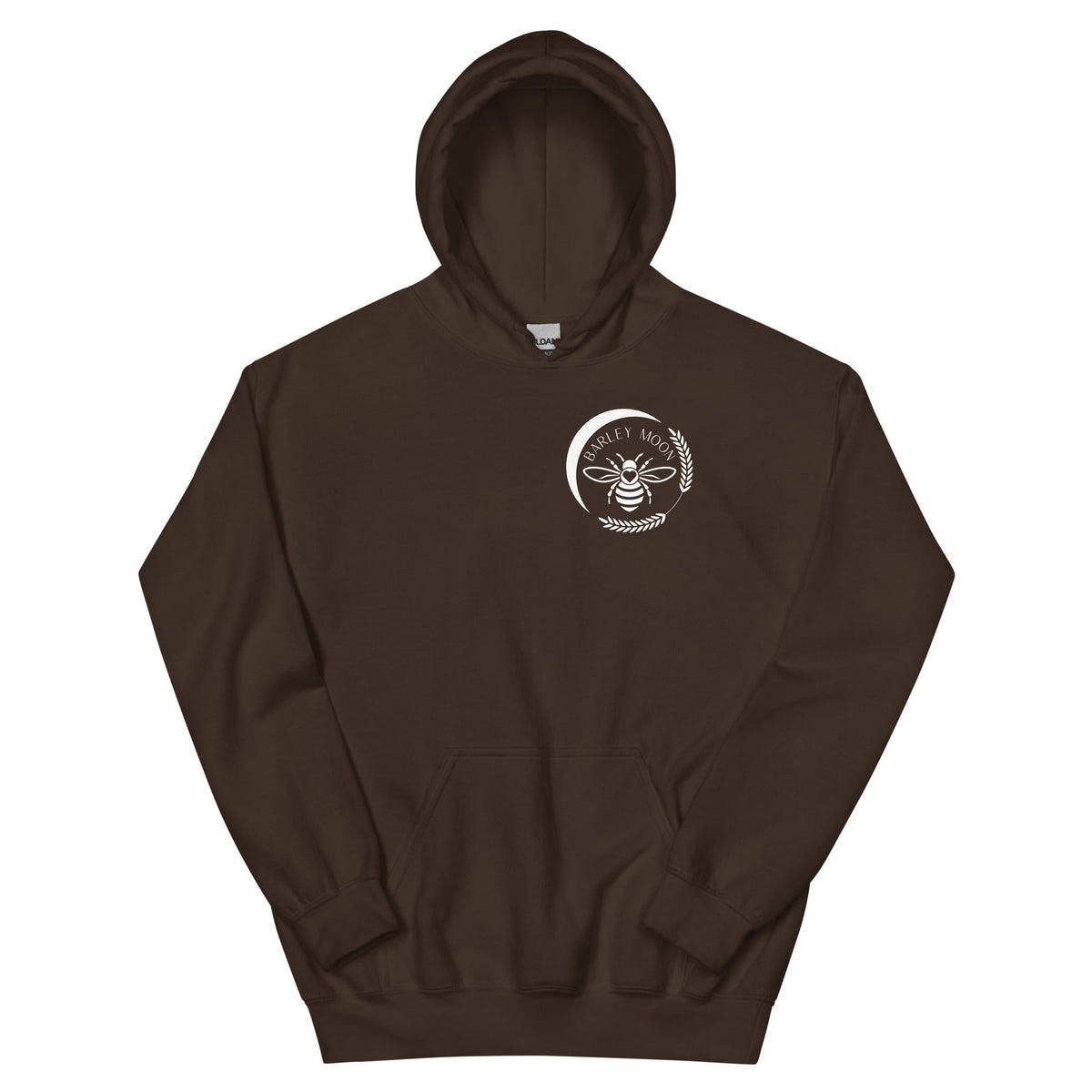Barley Moon Botanicals unisex hoodie in dark brown with a white bee and crescent moon logo on the chest.