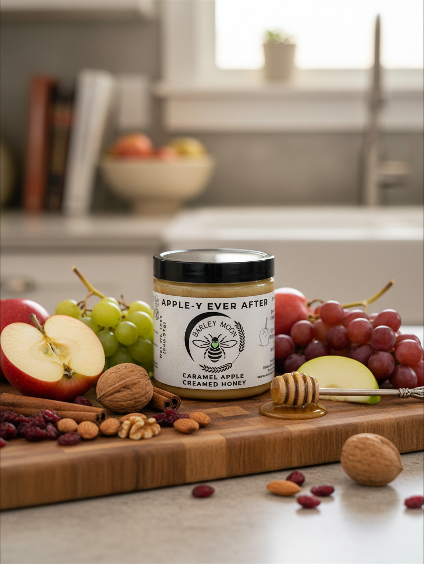 Barley Moon Botanicals Apple-y Ever After caramel apple creamed honey jar on a wooden board with fruit and nuts.