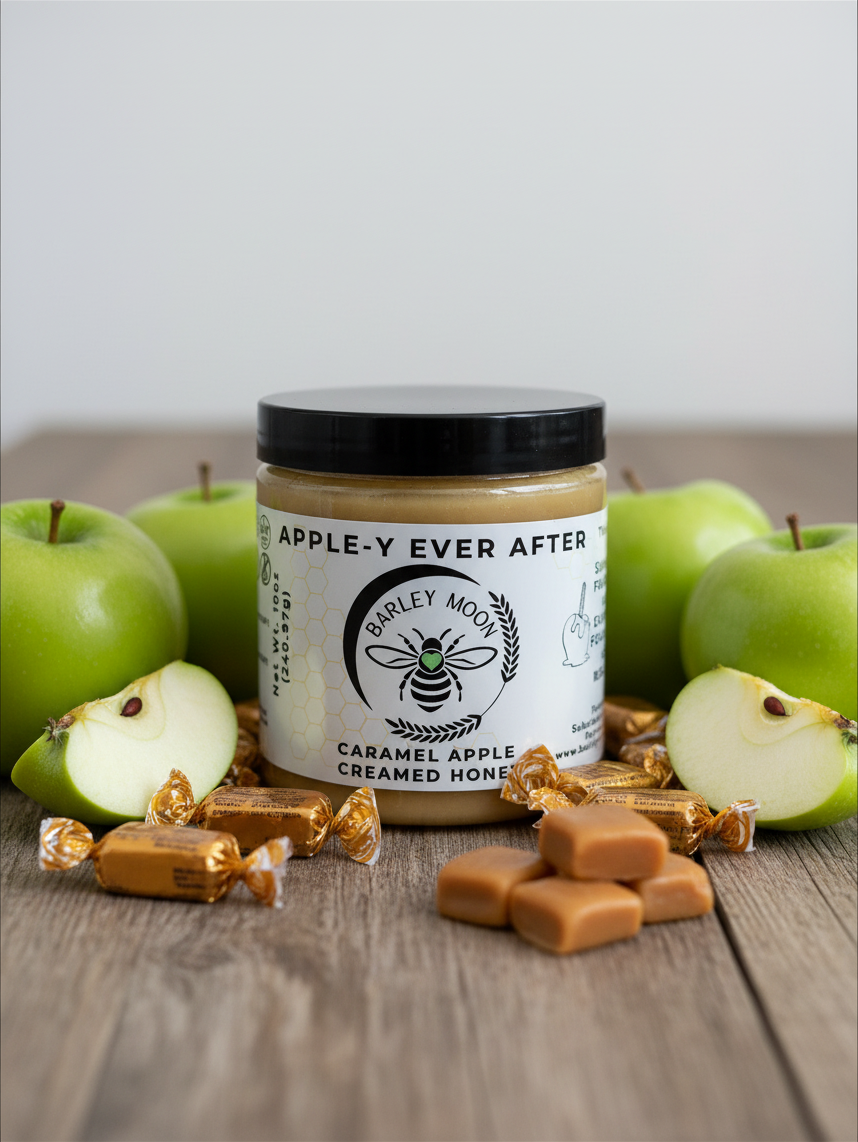 Barley Moon Botanicals Apple-y Ever After creamed honey jar surrounded by fresh green apples and caramel candies.
