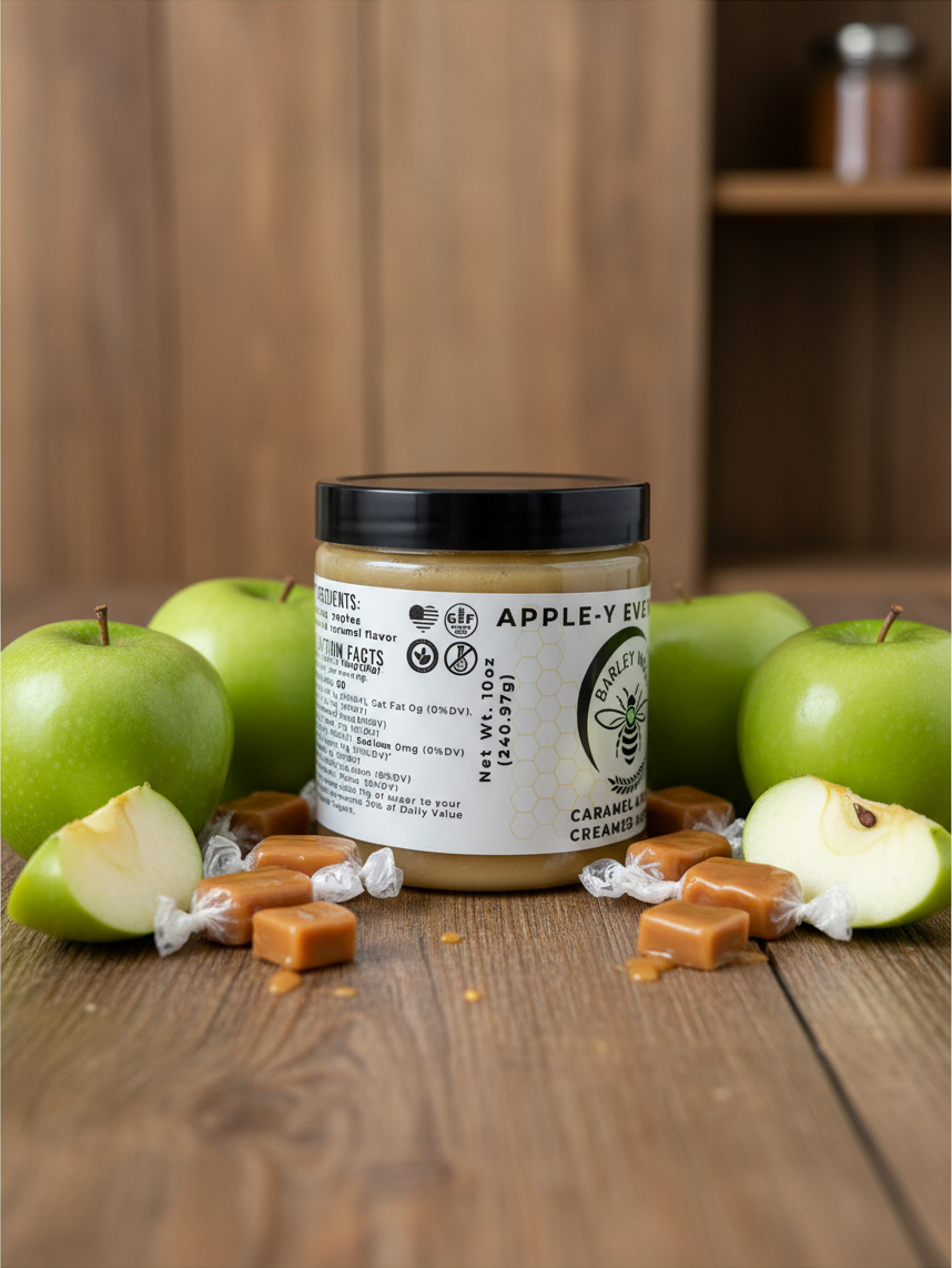 Barley Moon Botanicals Apple-y Ever After caramel apple creamed honey jar surrounded by fresh green apples and caramels