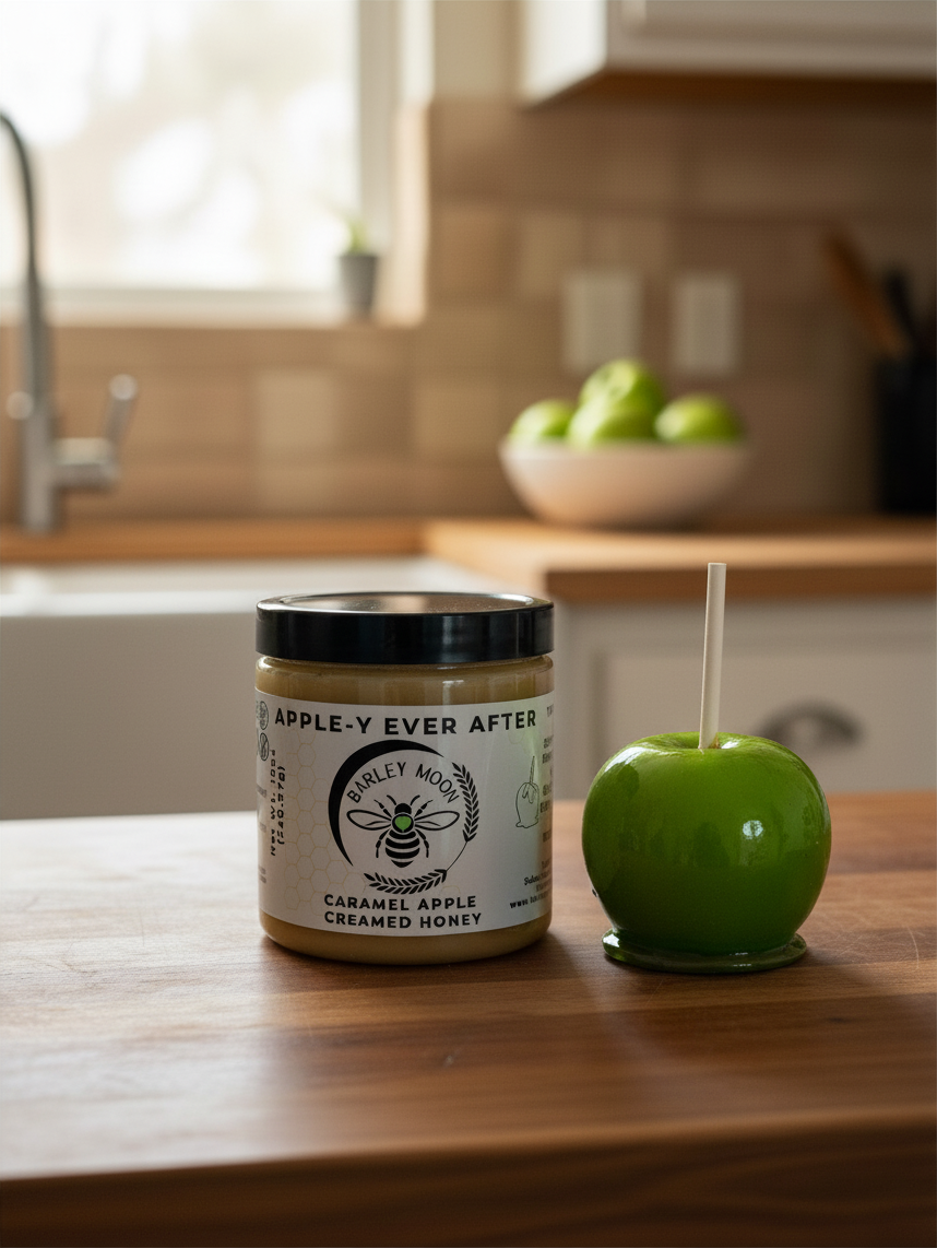 Barley Moon Botanicals Apple-y Ever After caramel apple creamed honey jar next to a green candy apple on a kitchen counter