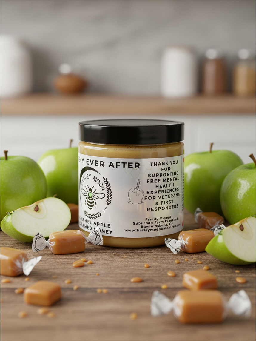 Barley Moon Botanicals Apple-y Ever After caramel apple creamed honey jar surrounded by fresh green apples and caramels