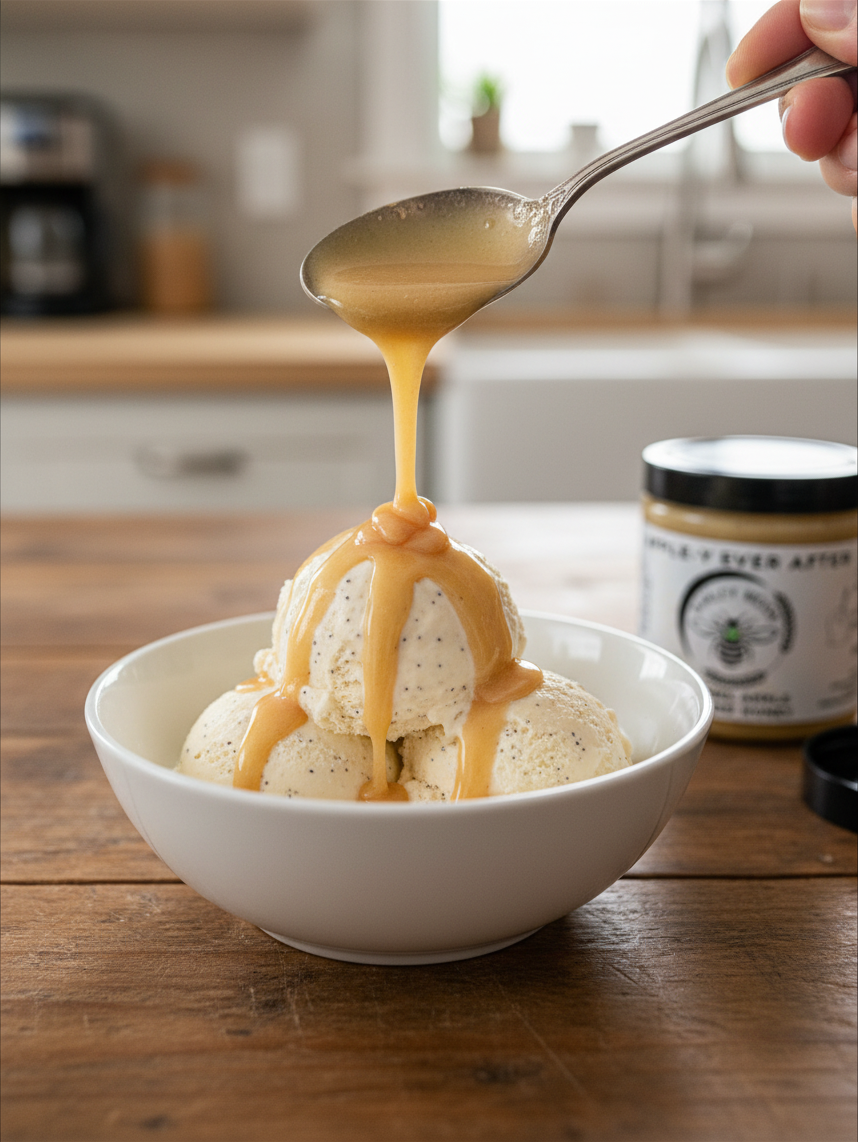 Barley Moon Botanicals caramel apple creamed honey drizzled from a spoon over a bowl of vanilla bean ice cream