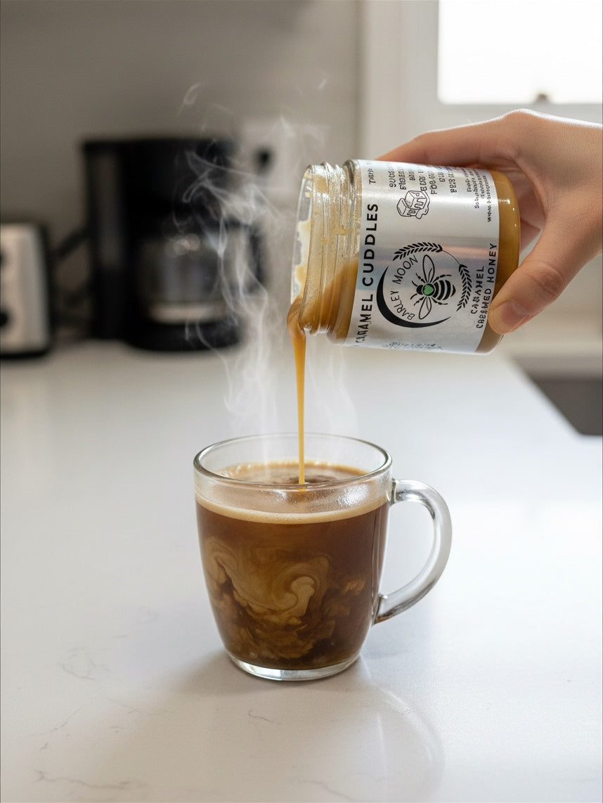 Barley Moon Botanicals Caramel Cuddles creamed honey being poured into a steaming mug of coffee on a kitchen counter.