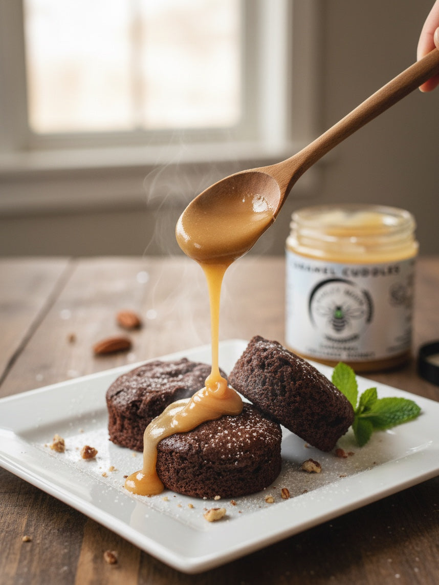 Barley Moon Botanicals Caramel Cuddles creamed honey drizzled from a wooden spoon onto warm chocolate cakes