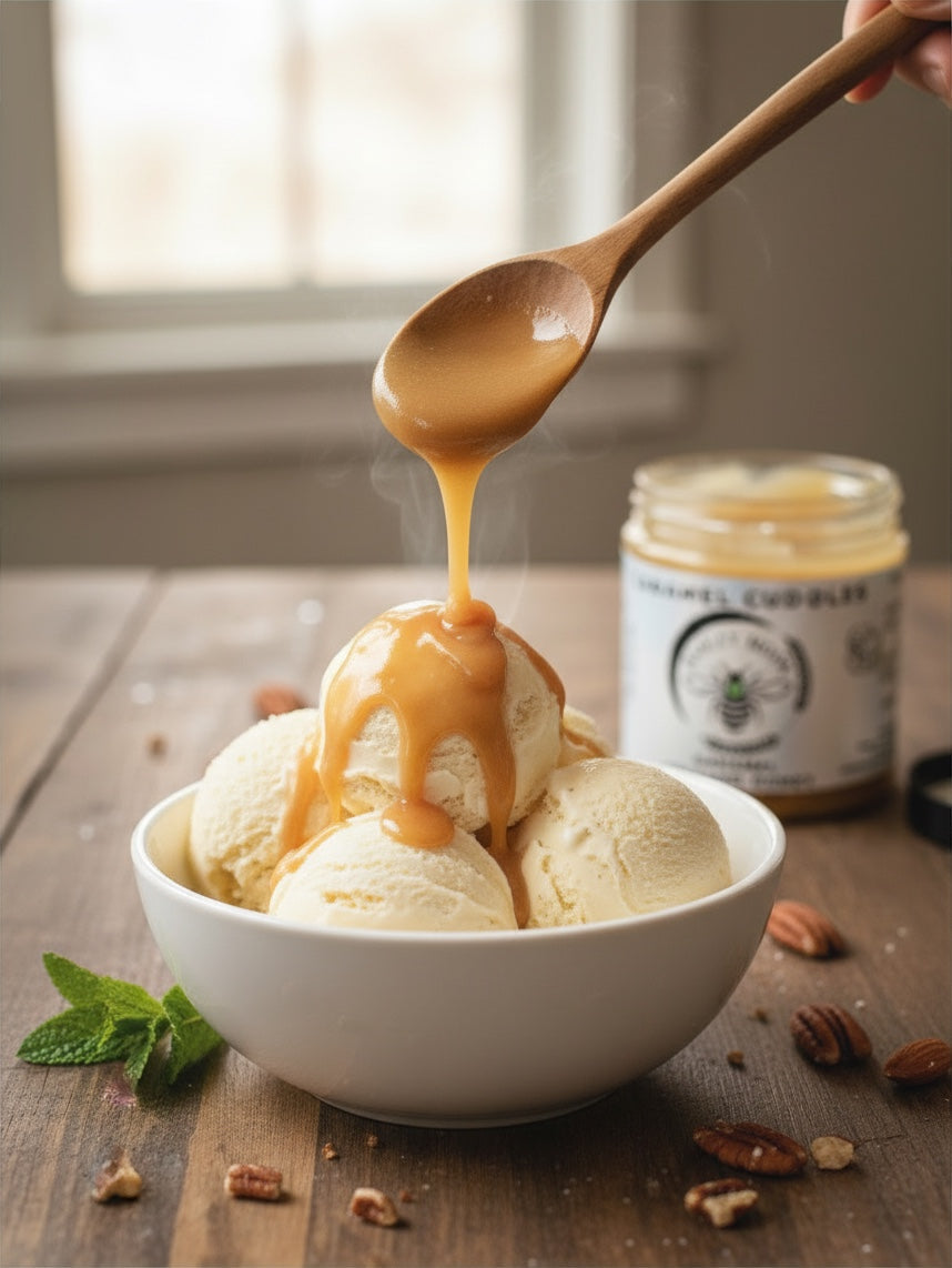 Barley Moon Botanicals Caramel Cuddles creamed honey drizzled over vanilla ice cream from a wooden spoon