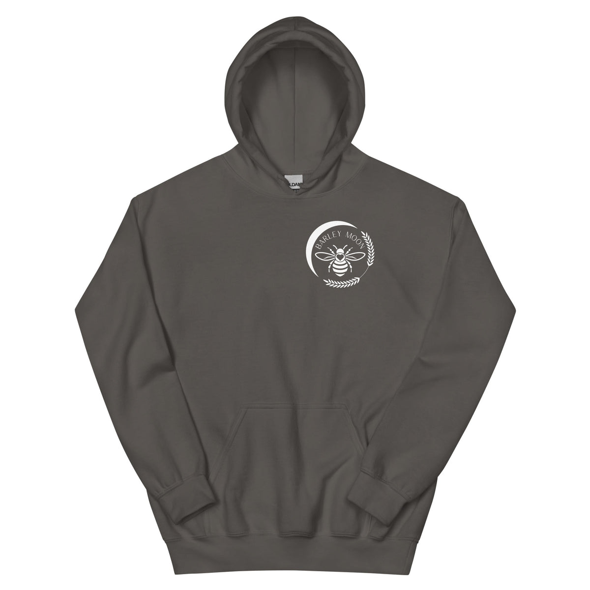 Barley Moon Botanicals unisex hoodie in charcoal grey with a white bee and crescent moon logo on the chest.