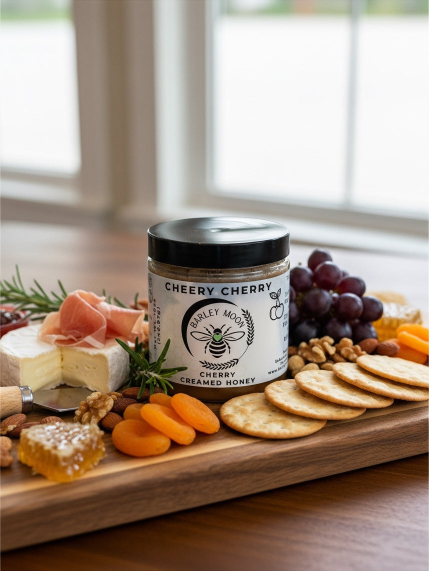 Barley Moon Botanicals Cheery Cherry creamed honey jar on a charcuterie board with cheese, crackers, and dried fruit.