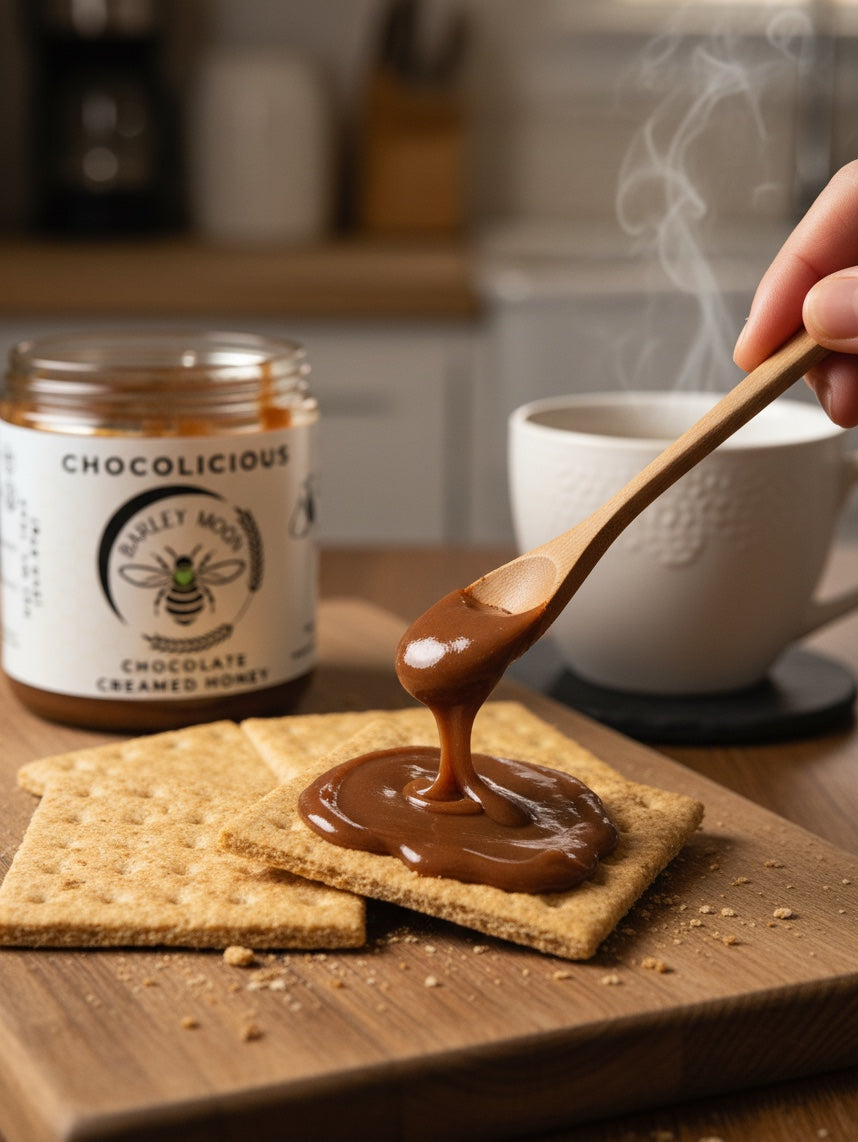 Barley Moon Botanicals Chocolicious chocolate creamed honey being drizzled from a wooden spoon onto a graham cracker.