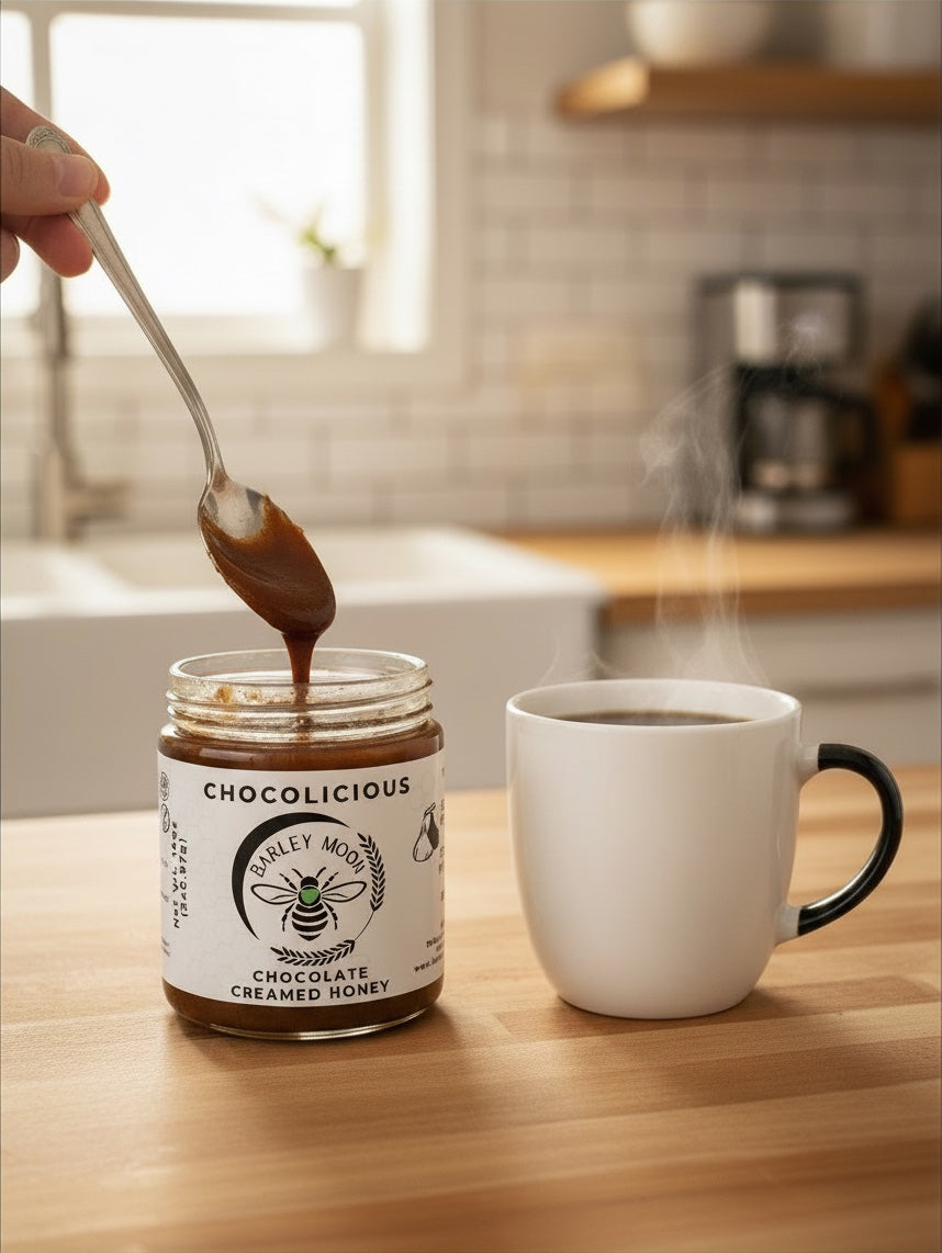 Barley Moon Botanicals Chocolicious chocolate creamed honey being scooped with a spoon next to a steaming mug