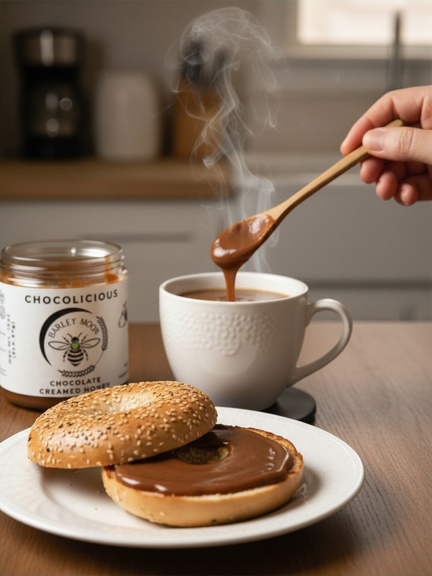 Barley Moon Botanicals Chocolicious chocolate creamed honey spread on a toasted bagel with a steaming cup of coffee