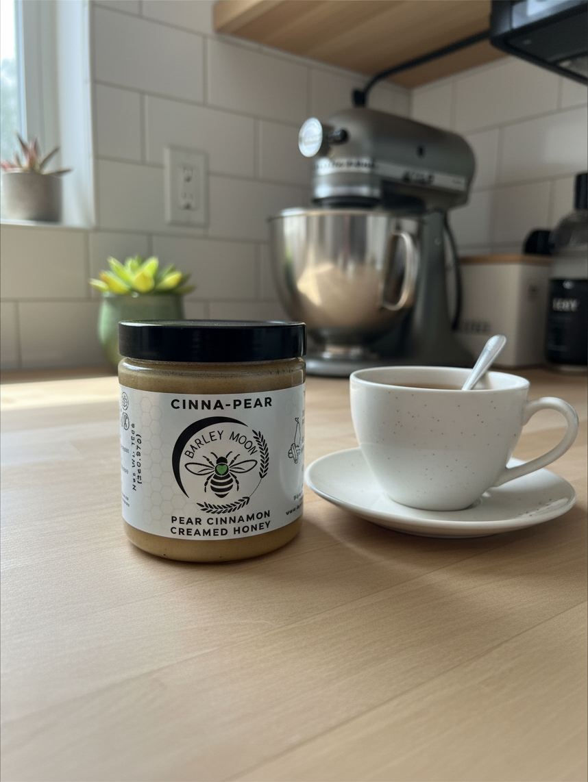 Barley Moon Botanicals Cinna-Pear creamed honey jar next to a white tea cup on a wooden kitchen counter.