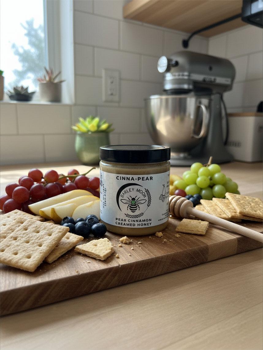 Barley Moon Botanicals Cinna-Pear creamed honey jar on a wooden board with crackers, grapes, and a honey dipper.