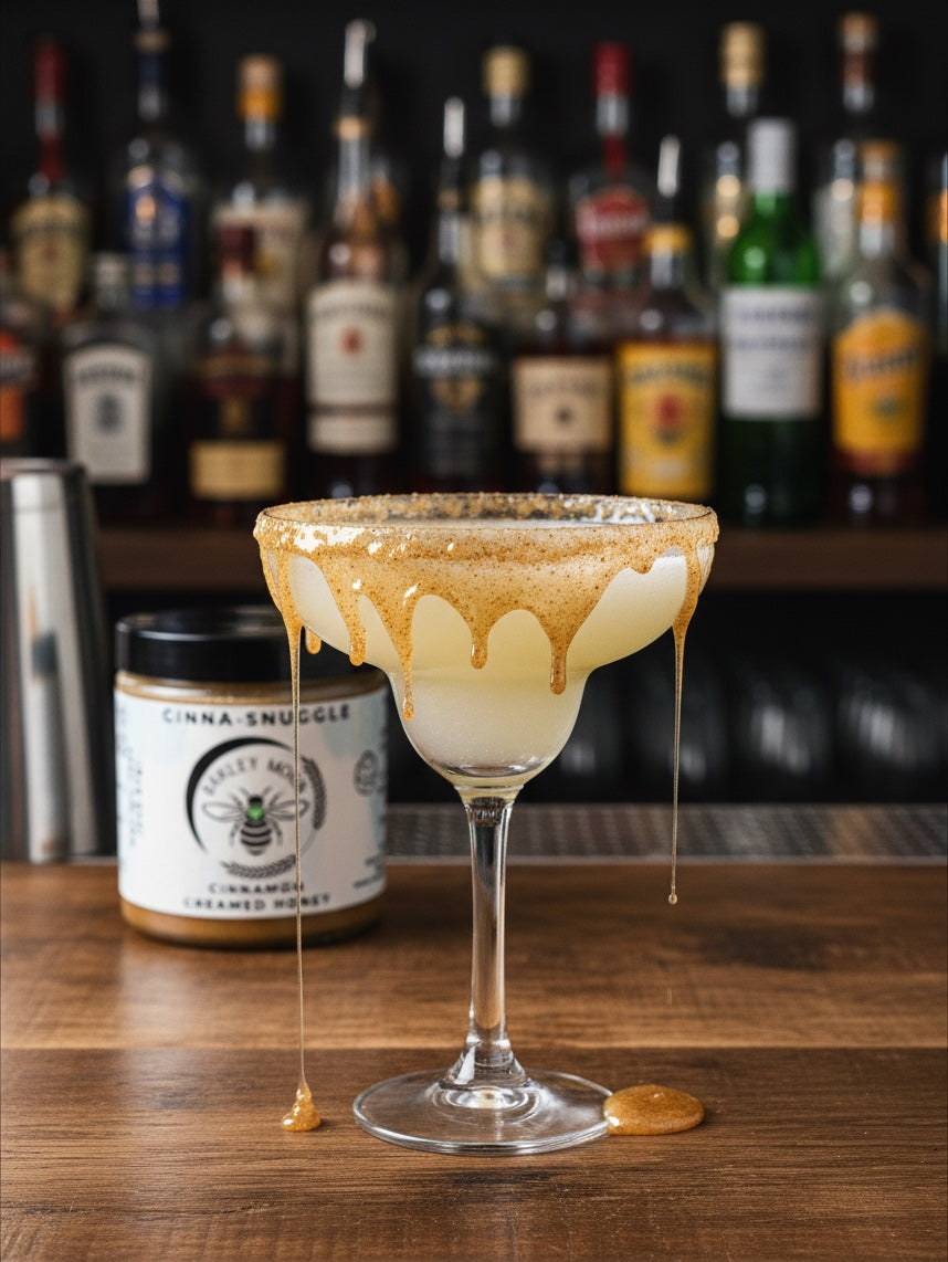 Barley Moon Botanicals Cinna-Snuggle cinnamon creamed honey jar next to a cocktail glass with a honey-drizzled rim