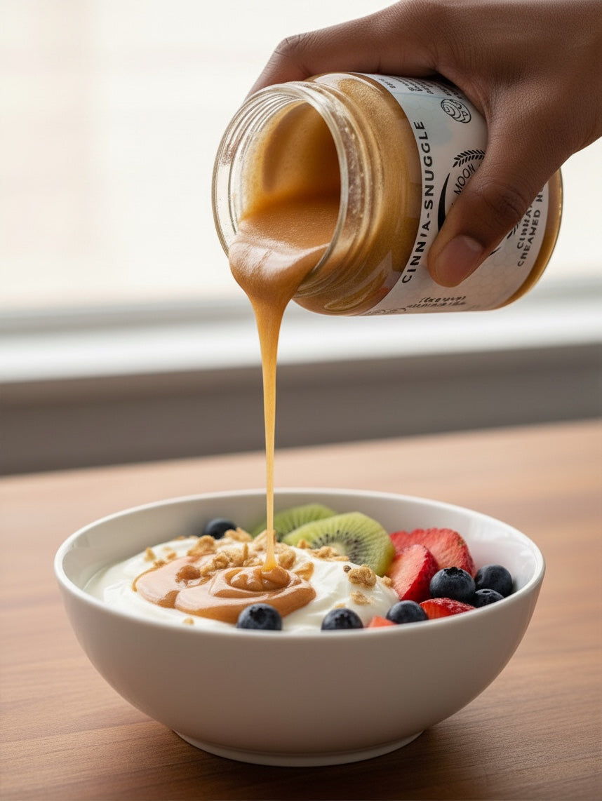 Barley Moon Botanicals Cinna-Snuggle cinnamon creamed honey being poured over a bowl of yogurt with fresh fruit