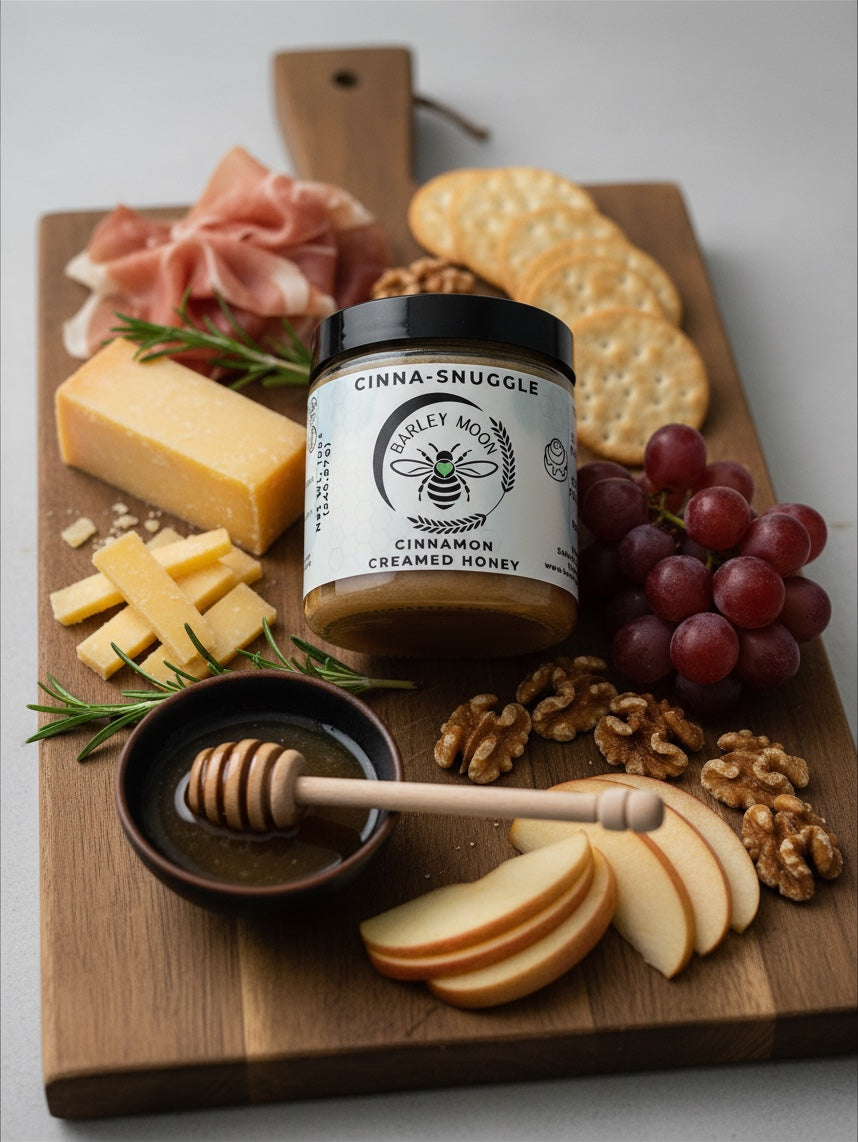 Barley Moon Botanicals Cinna-Snuggle cinnamon creamed honey jar on a charcuterie board with cheese, fruit, and nuts.