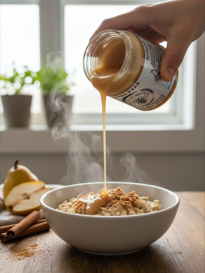 Barley Moon Botanicals Cinna-Pear creamed honey being poured over a steaming bowl of oatmeal with pear and cinnamon