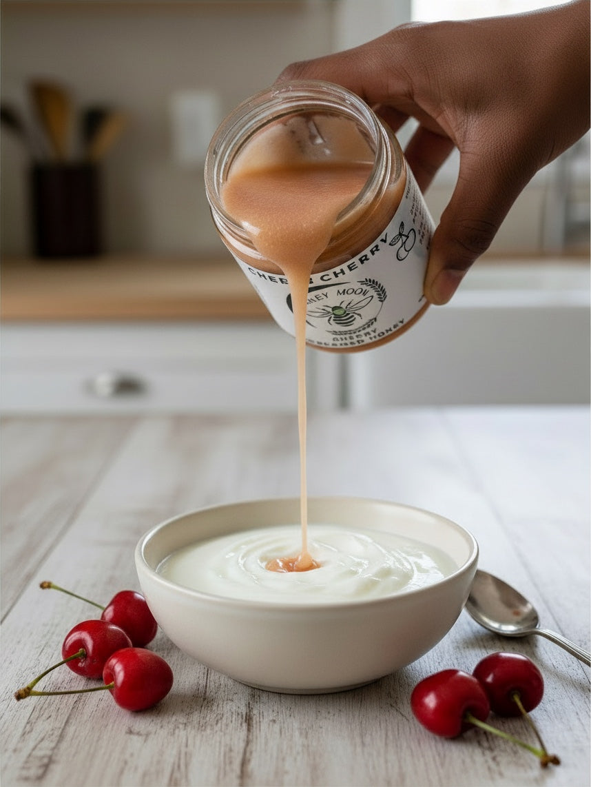 Barley Moon Botanicals Cheery Cherry creamed honey being drizzled into a bowl of yogurt with fresh cherries nearby.
