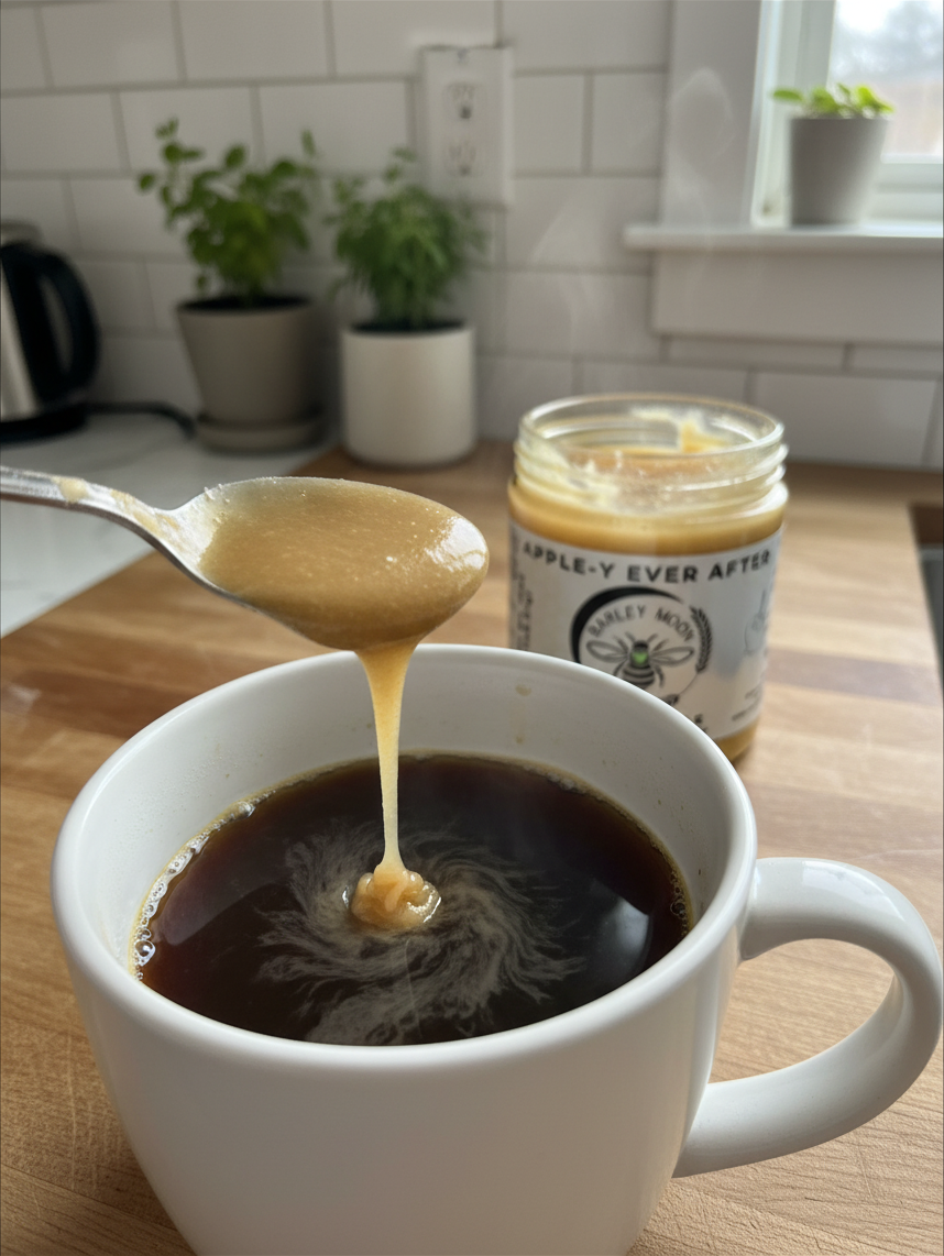 Barley Moon Botanicals Apple-y Ever After caramel apple creamed honey being stirred into a steaming mug of black coffee
