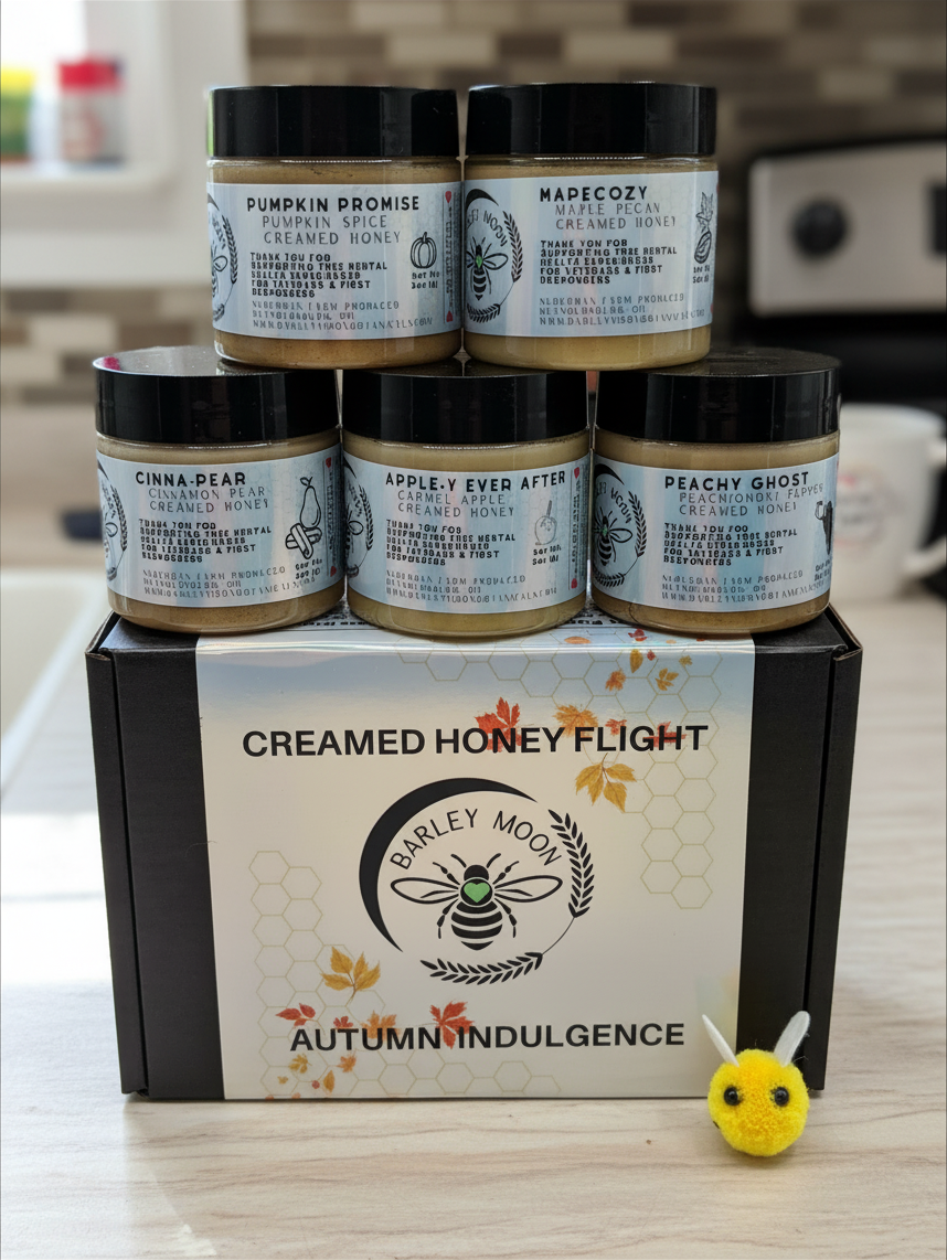 Barley Moon Botanicals Autumn Indulgence creamed honey flight featuring five seasonal jars in a branded gift box.
