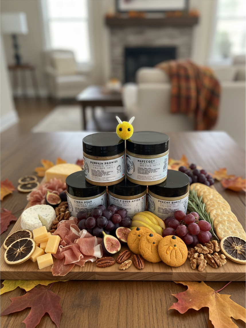 Barley Moon Botanicals Autumn Indulgence creamed honey flight on a charcuterie board with fall snacks and decor.